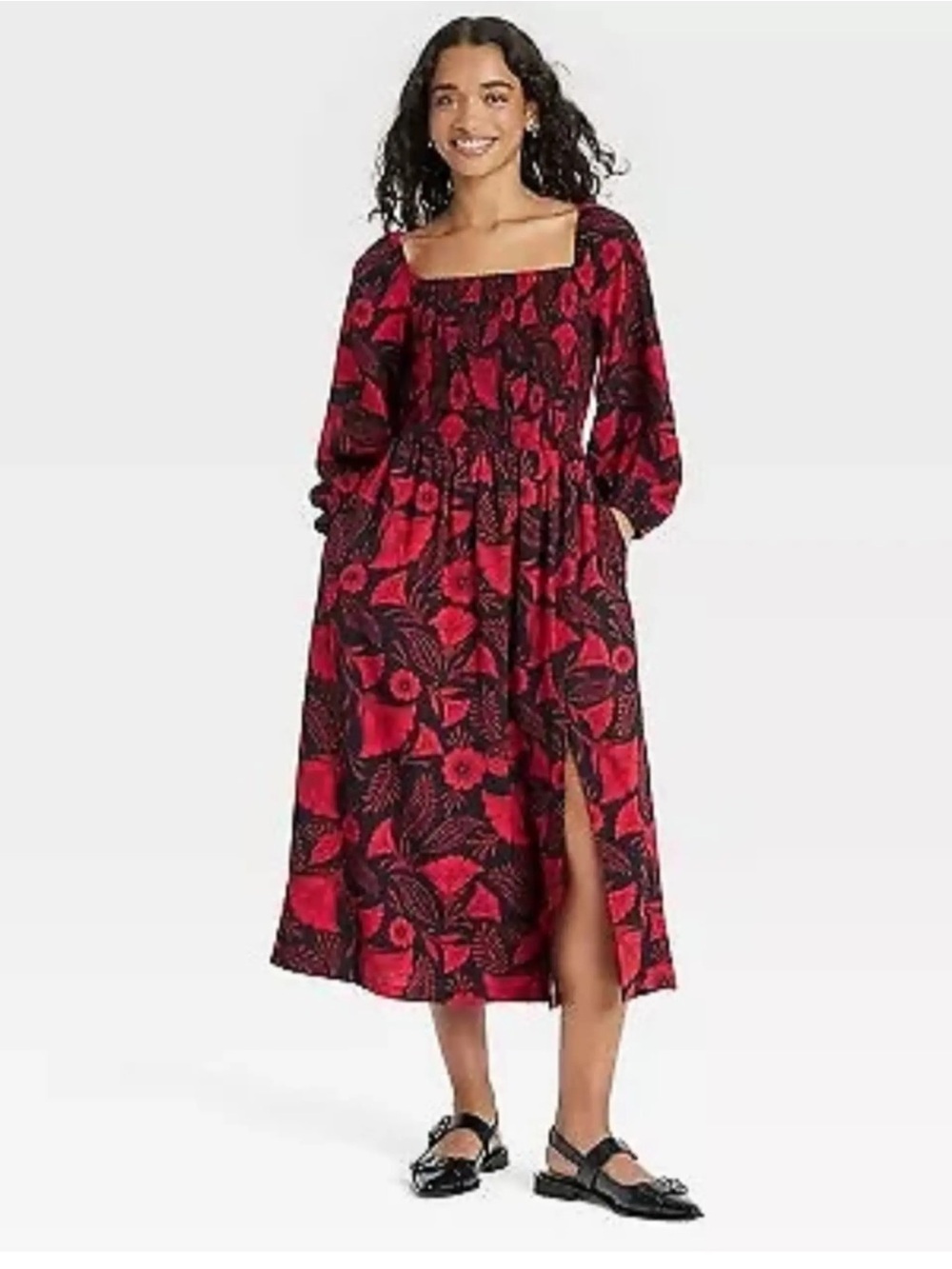 Red Floral Square-Neck Midi Dress with Smocked Bodice
